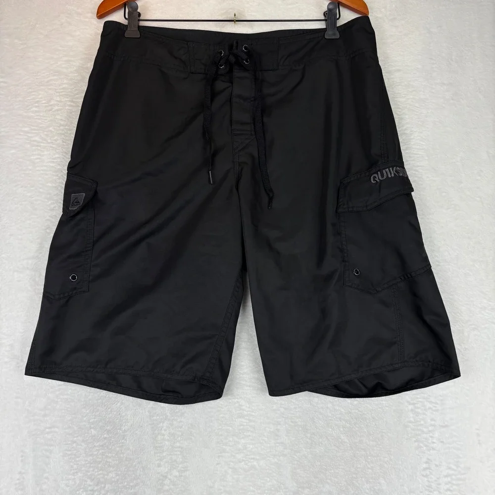 Quiksilver Mens Black Cargo Board Shorts Drawstring Swim Trunks Size 35